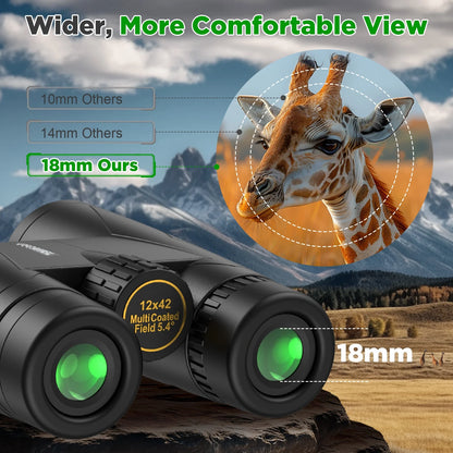 12X42 Binoculars for Adults Kids, HD Binoculars Waterproof FMC BAK4 Binoculars Low Light Vision for Bird Watching Travel Hunting Outdoor Sports Concerts