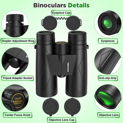 12X42 Binoculars for Adults Kids, HD Binoculars Waterproof FMC BAK4 Binoculars Low Light Vision for Bird Watching Travel Hunting Outdoor Sports Concerts
